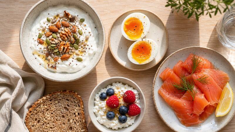 Eiwitrijk ontbijt met Griekse yoghurt, eieren, gerookte zalm en volkorenbrood