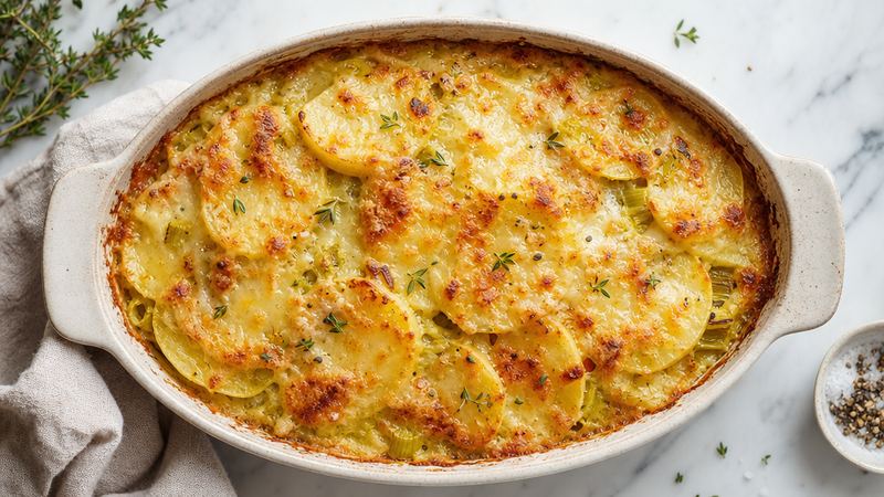 Aardappel-prei-ovenschotel met kaas