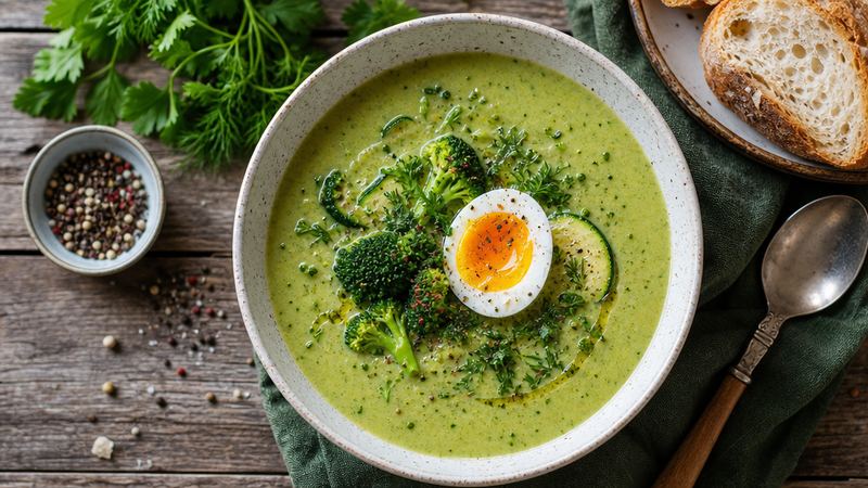 Broccoli-courgettesoep met gekookt ei