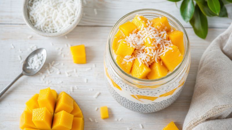 Chiapudding met Griekse yoghurt, mango en kokos