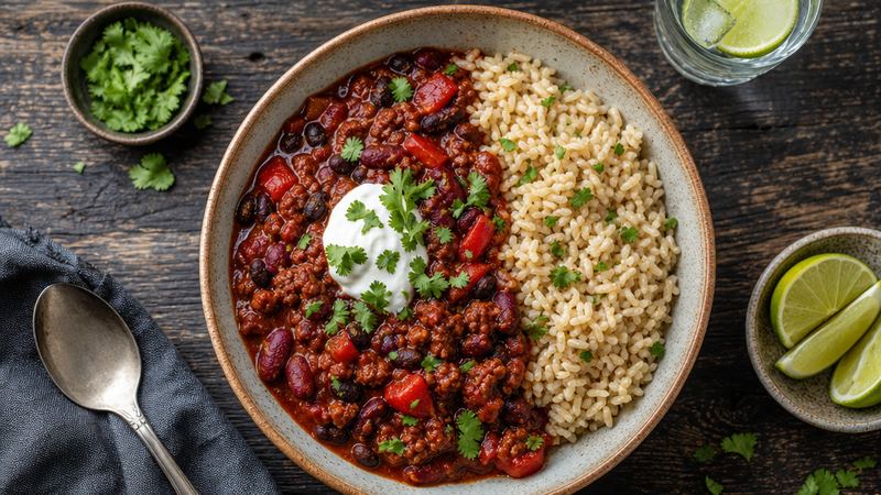 Chili con carne met bonen, paprika en rijst
