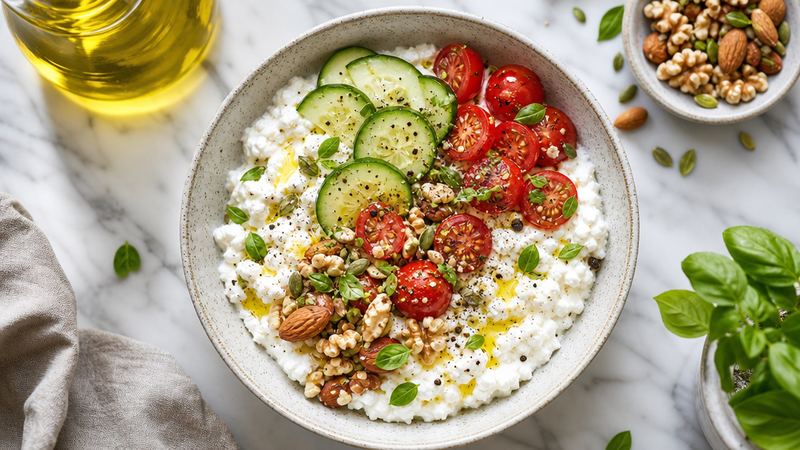 Cottage cheese-bowl met noten, tomaat en komkommer