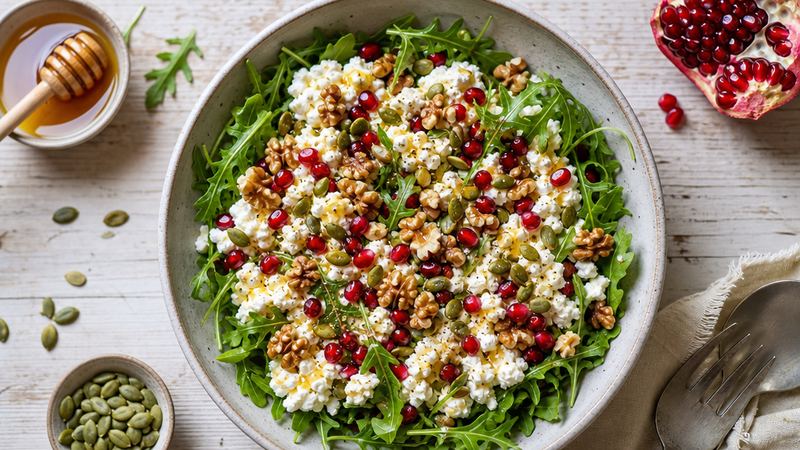 Cottage cheese-salade met walnoten, granaatappel en rucola