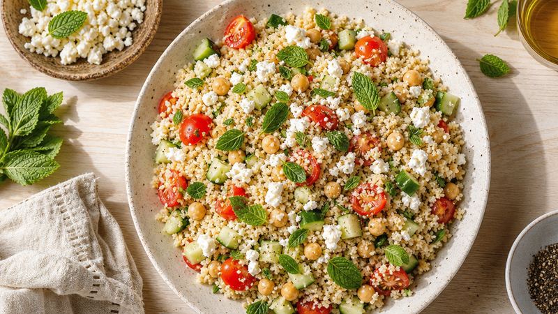 Couscoussalade met kikkererwten, feta en munt
