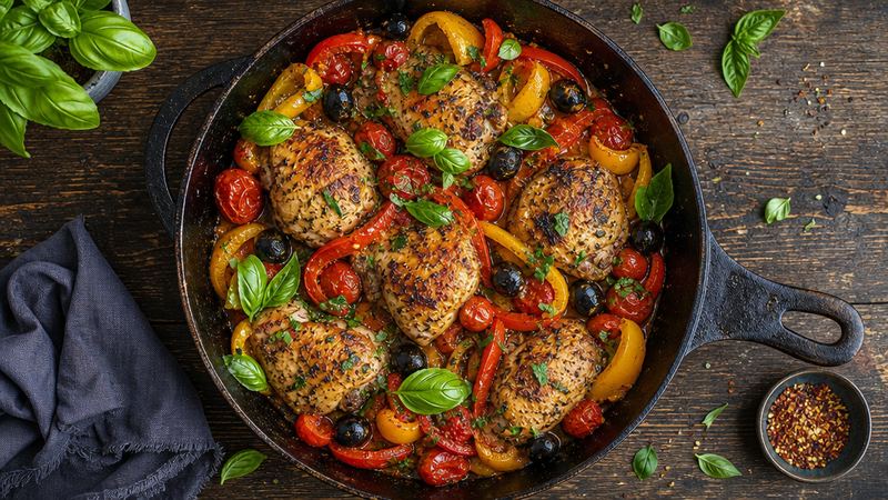 Eenpanskip met tomaat, paprika en olijven