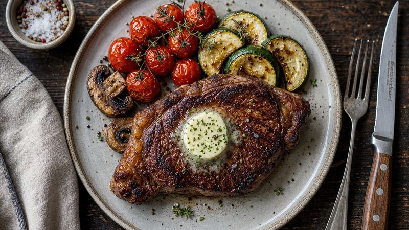 Entrecote met geroosterde groenten en kruidenboter