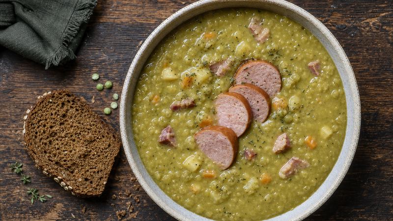 Erwtensoep met rookworst en roggebrood