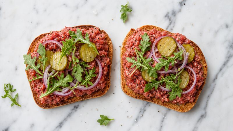 Filet américain op toast met augurk en ui
