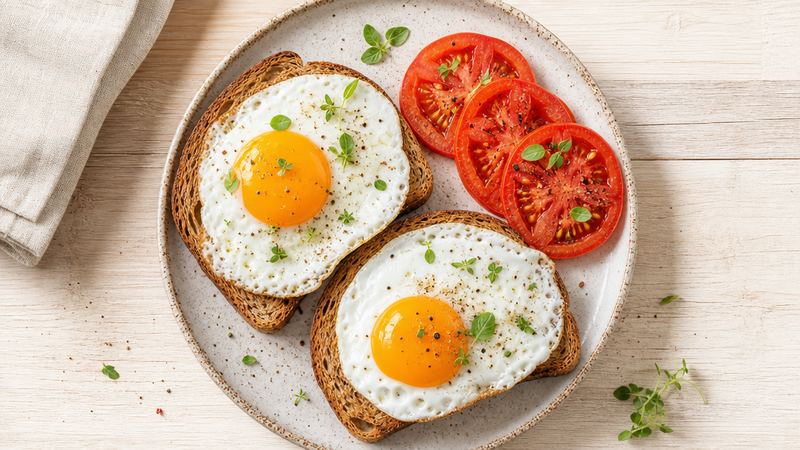 Gebakken ei op volkorenbrood met tomaat
