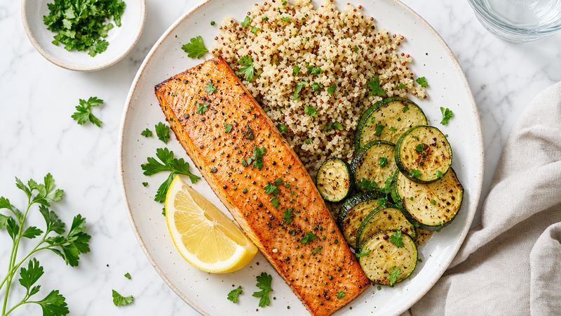 Gebakken zalm met courgette en quinoa
