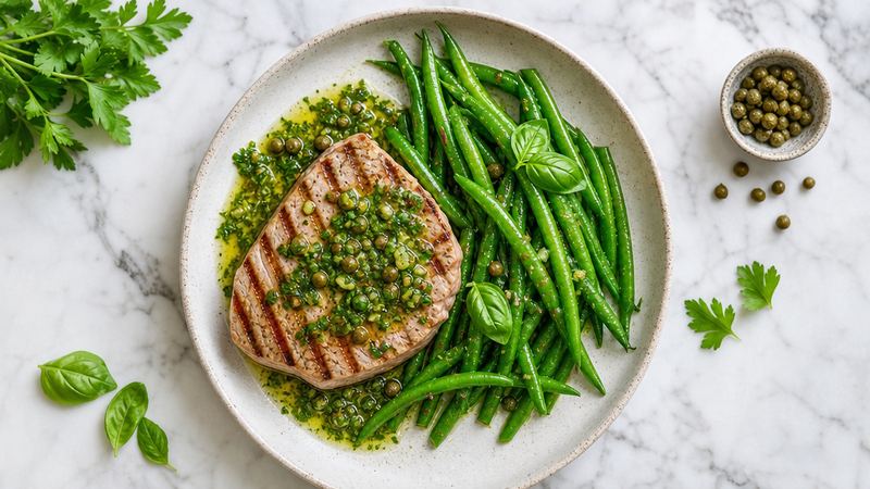 Gegrilde tonijnsteak met salsa verde en groene bonen