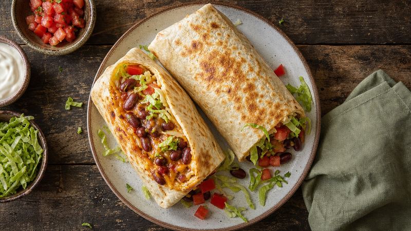 Gevulde tortilla met bonen, kaas en sla