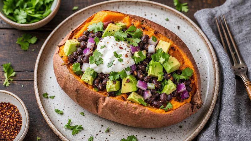 Gevulde zoete aardappel met zwarte bonen en avocado