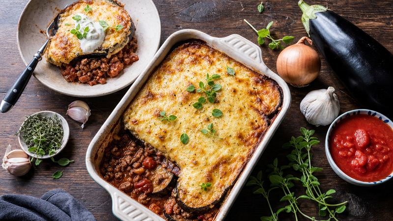Griekse moussaka met aubergine en gehakt