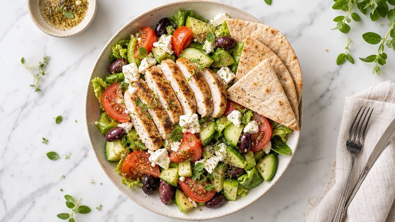 Griekse salade met kip, feta en volkorenpita