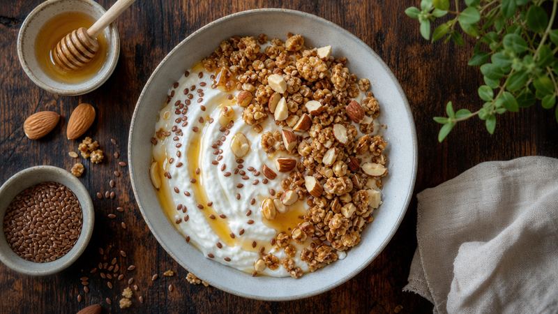 Griekse yoghurt bowl met granola, honing en noten