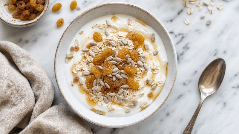Griekse yoghurt met havermout, rozijnen en zonnebloempit