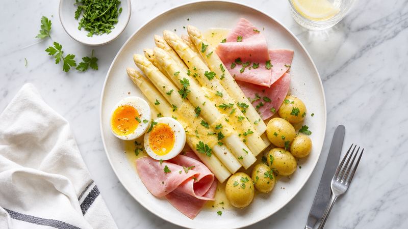 Witte Asperges met Ei, Ham en Botersaus