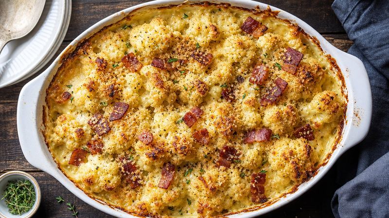 Bloemkool-Kaasgratin met Mosterd en Spekjes