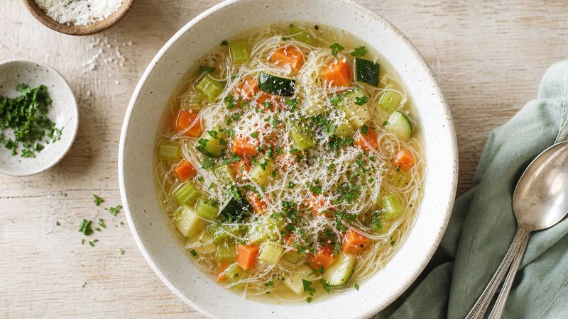 Groentesoep met vermicelli en parmezaan