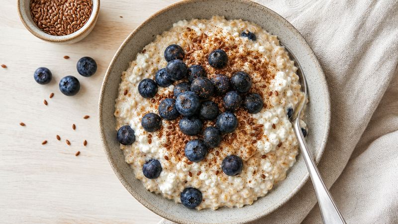 Havermout met cottage cheese, lijnzaad en blauwe bessen