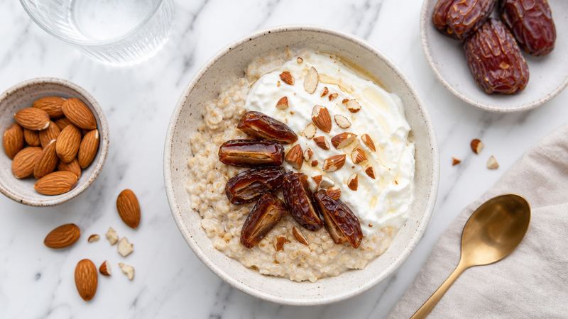 Havermout met Griekse yoghurt, dadels en amandelen