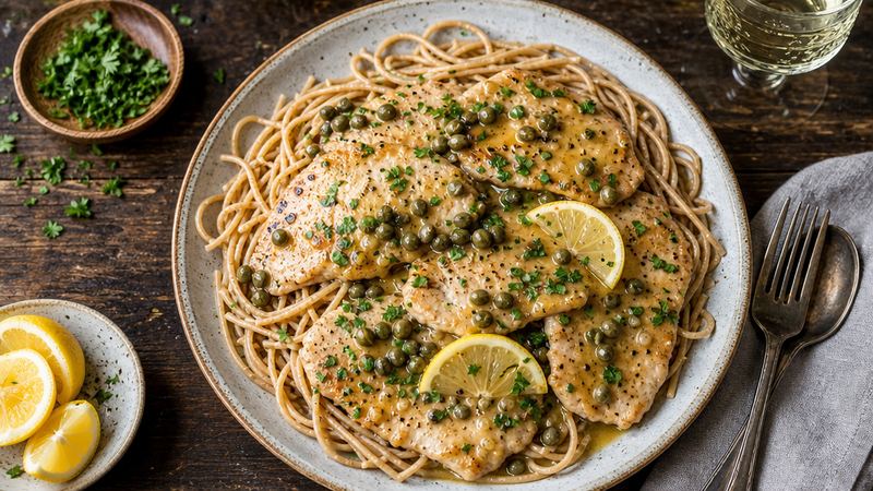 Kalkoen-piccata met citroen, kappertjes en spaghetti