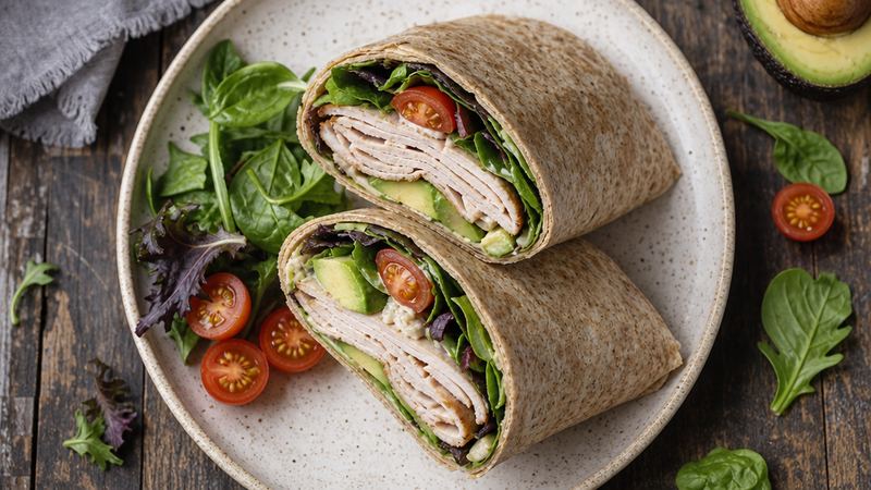 Kalkoenfilet-wrap met avocado en mosterd