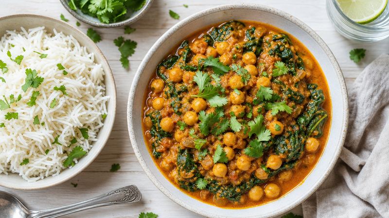 Kikkererwtencurry met spinazie en rijst