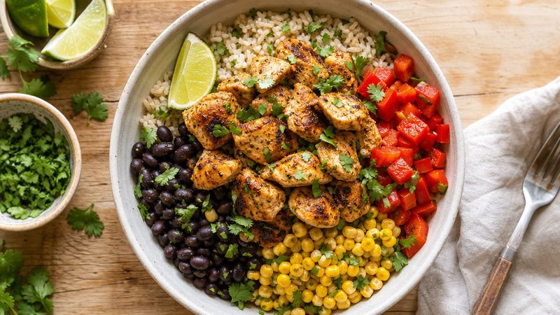 Kip-burritobowl met zwarte bonen, mais en rijst