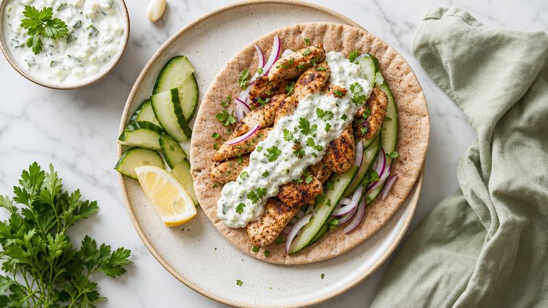 Kip-souvlaki met tzatziki in volkorenpita