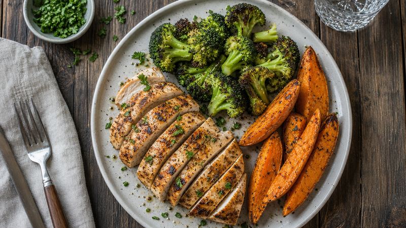 Kipfilet met geroosterde broccoli en zoete aardappel