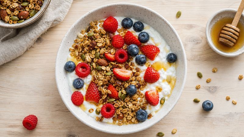 Kwark-granolabowl met rood fruit