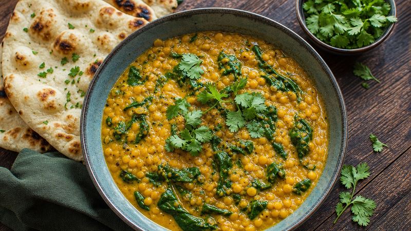 Linzen-dhal met spinazie en naanbrood
