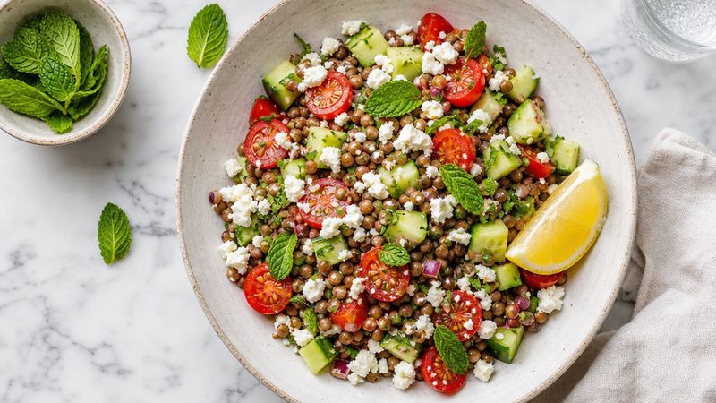 Linzensalade met feta, komkommer en munt