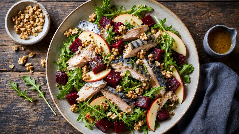 Makreelsalade met rode biet, appel en walnoten