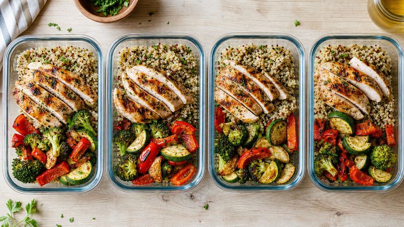 Meal-prep kipfilet met quinoa en geroosterde groenten