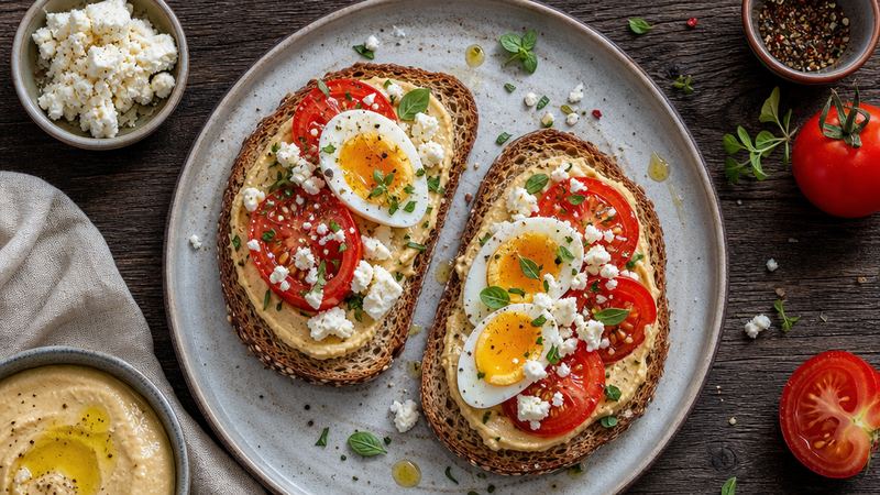 Mediterrane toast met hummus, ei, tomaat en feta