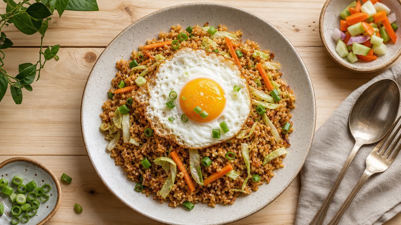 Nasi goreng met ei, groenten en sojasaus