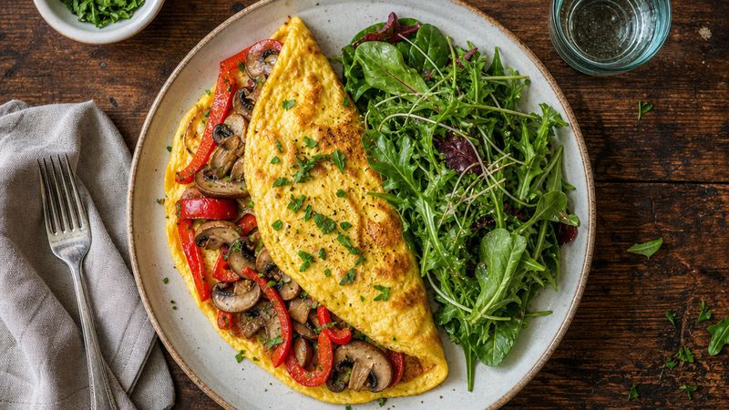 Omelet met champignons, paprika en salade