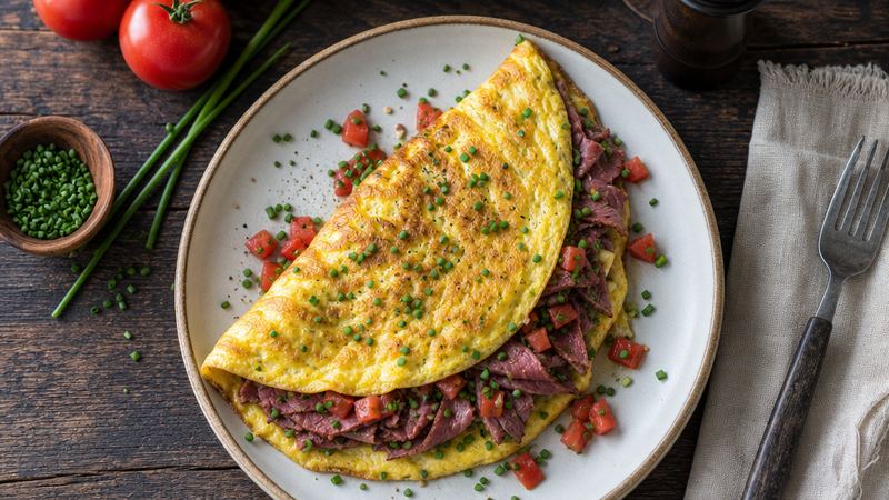 Omelet met rookvlees, tomaat en bieslook