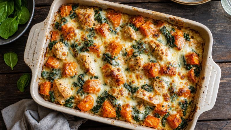 Ovenschotel met zoete aardappel, kip en spinazie