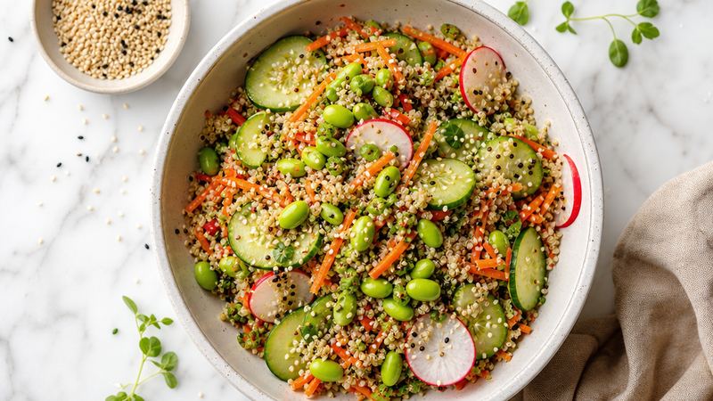 Quinoasalade met edamame, komkommer en sesamdressing