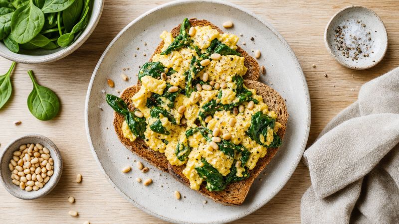 Roerei met spinazie op volkorentoast