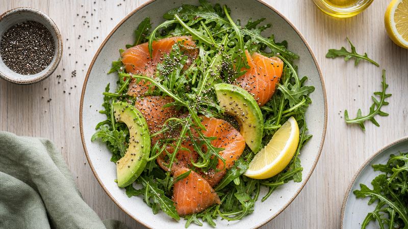 Salade met gerookte zalm, avocado en chiazaad