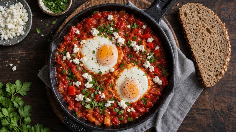 Shakshuka met tomaat, paprika en feta