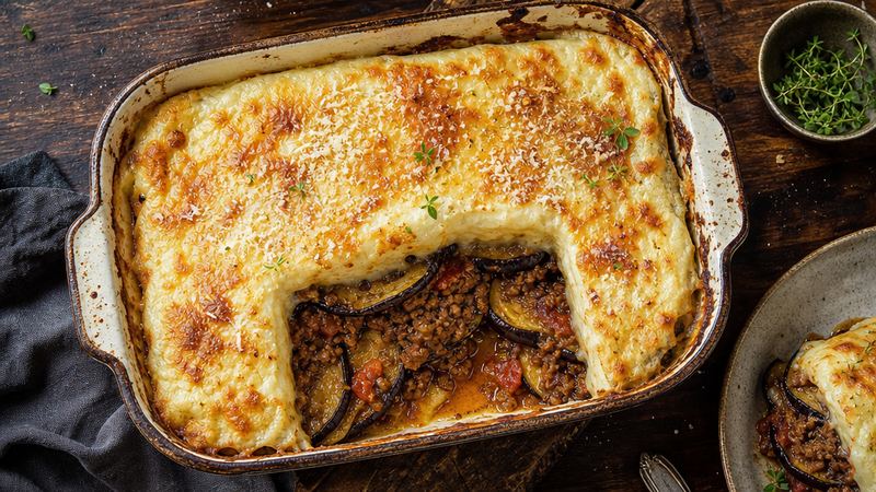Moussaka met Aubergine en Bechamelsaus