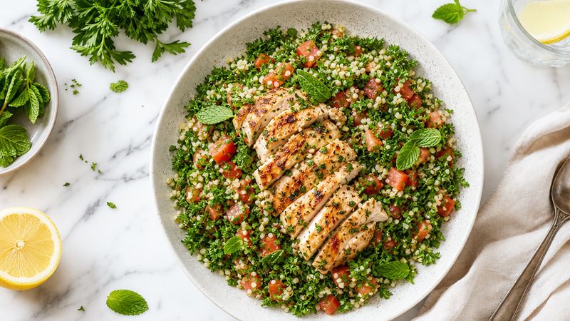 Tabbouleh met bulgur, peterselie en gegrilde kip