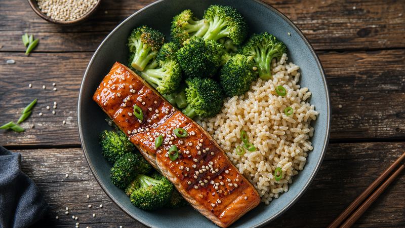 Teriyakizalm met rijst, broccoli en sesam