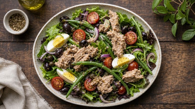 Tonijn-niçoisesalade met ei, olijven en sperziebonen